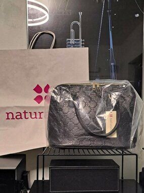 NWT Naturalizer Black Embossed Genuine Leather Satchel Handbag + Free Strap